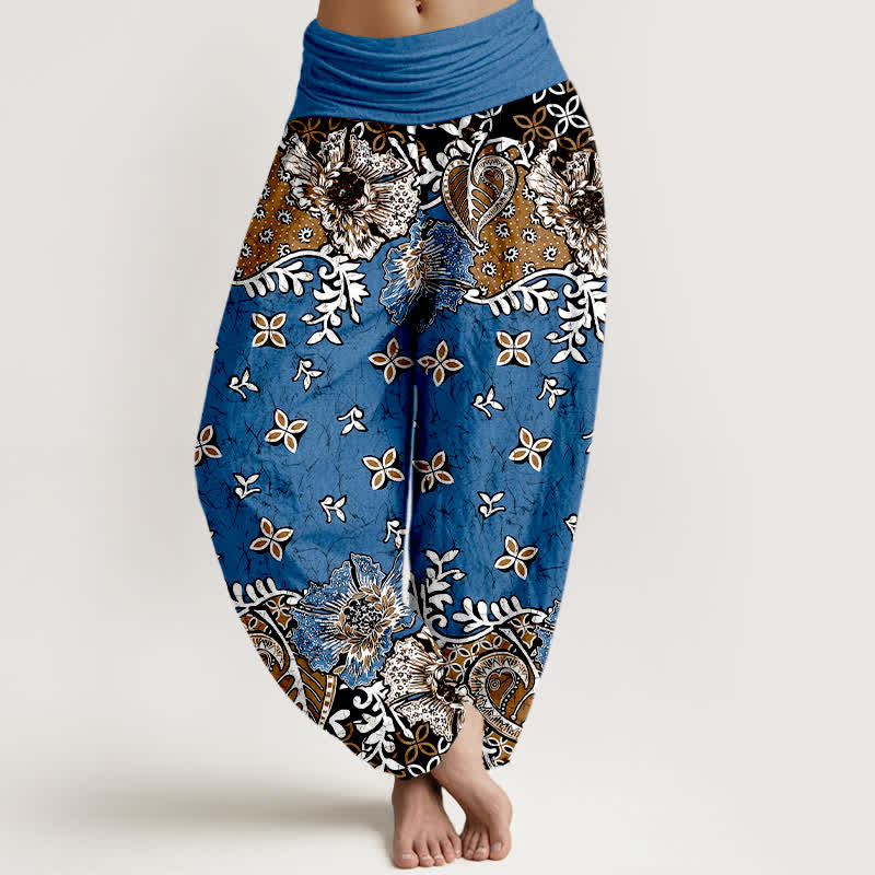 Buddha Stones Pure Cotton Bohemian Paisley Floral Pattern Women's Elastic Waist Harem Pants - CornflowerBlue - US16，UK/AU20，EU48 (3XL) - image 0