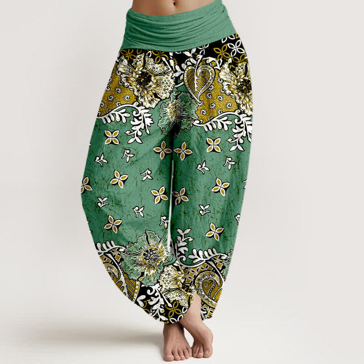 Buddha Stones Pure Cotton Bohemian Paisley Floral Pattern Women's Elastic Waist Harem Pants - MediumSeaGreen - US16，UK/AU20，EU48 (3XL) - image 8