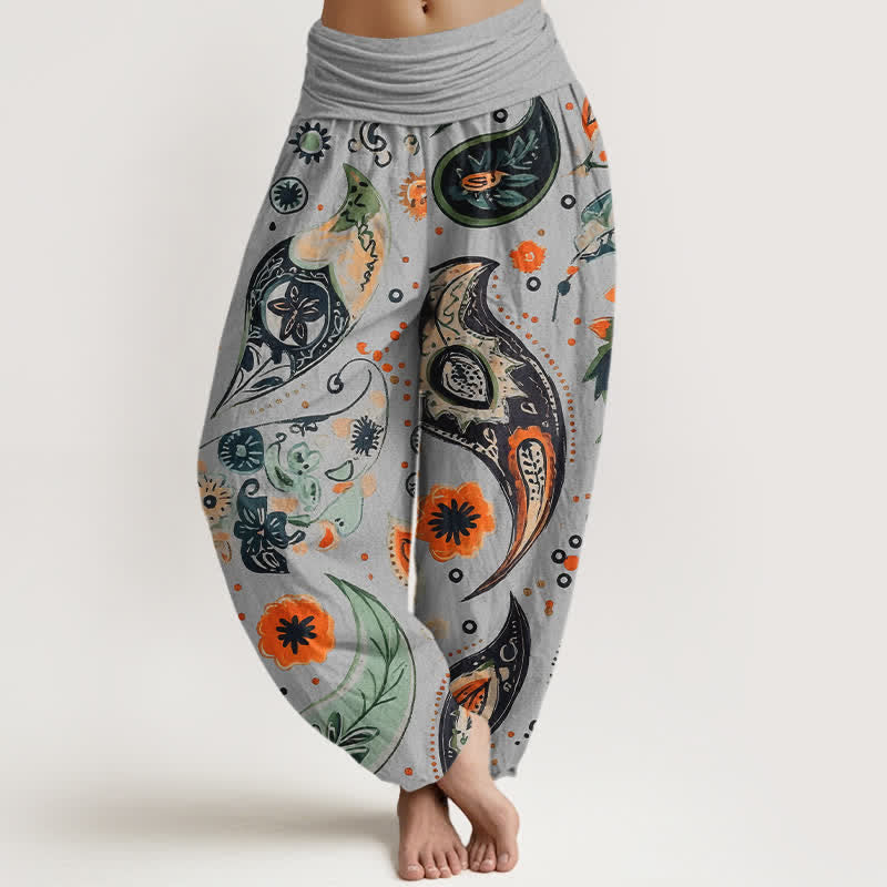 Buddha Stones Pure Cotton Bohemian Paisley Sunflower Pattern Women's Elastic Waist Harem Pants - LightGrey - US16，UK/AU20，EU48 (3XL) - image 5