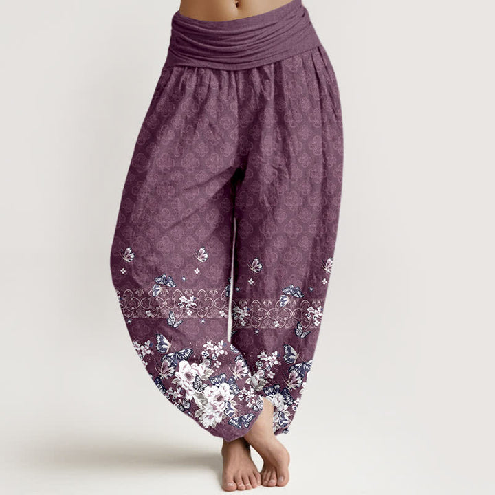Buddha Stones Pure Cotton Bohemian Floral Border Pattern Women's Elastic Waist Harem Pants - Plum - US16，UK/AU20，EU48 (3XL) - image 5