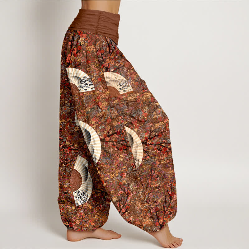 Buddha Stones Cotton Soft Drapey Ivory Fan Pattern Women's Elastic Waist Harem Pants - image 2