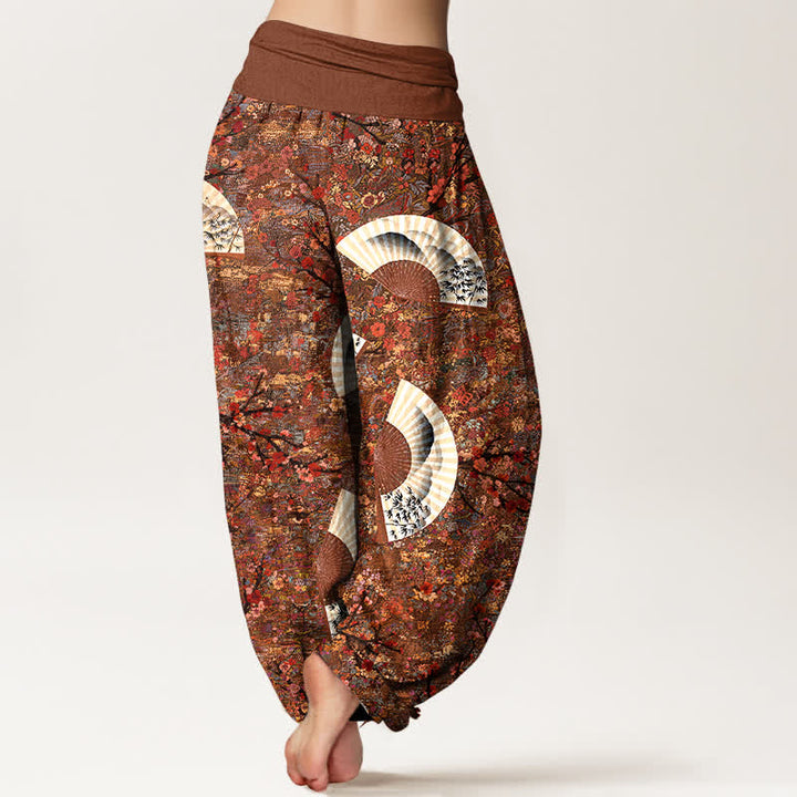 Buddha Stones Cotton Soft Drapey Ivory Fan Pattern Women's Elastic Waist Harem Pants - image 1