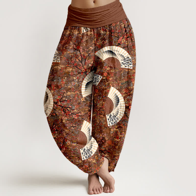 Buddha Stones Cotton Soft Drapey Ivory Fan Pattern Women's Elastic Waist Harem Pants - Sienna - US16，UK/AU20，EU48 (3XL) - image 0