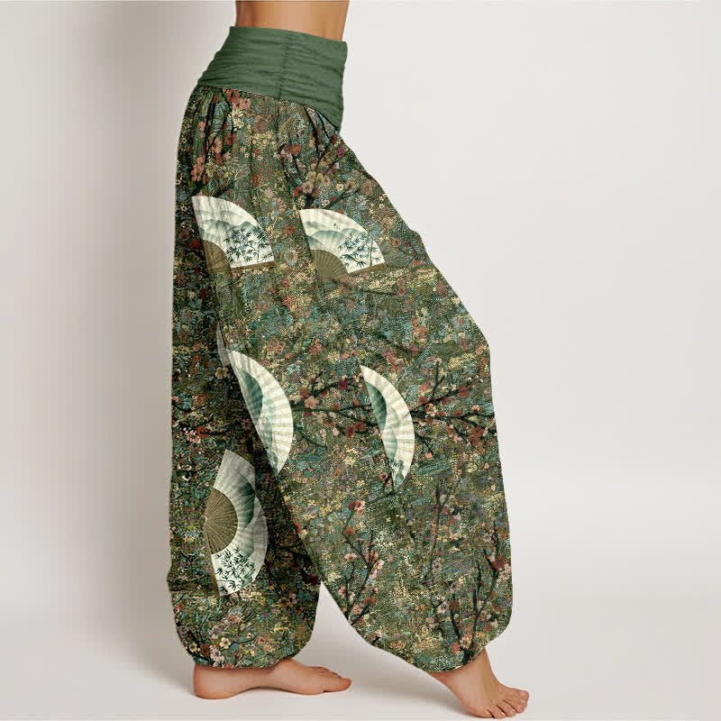 Buddha Stones Cotton Soft Drapey Ivory Fan Pattern Women's Elastic Waist Harem Pants - image 7