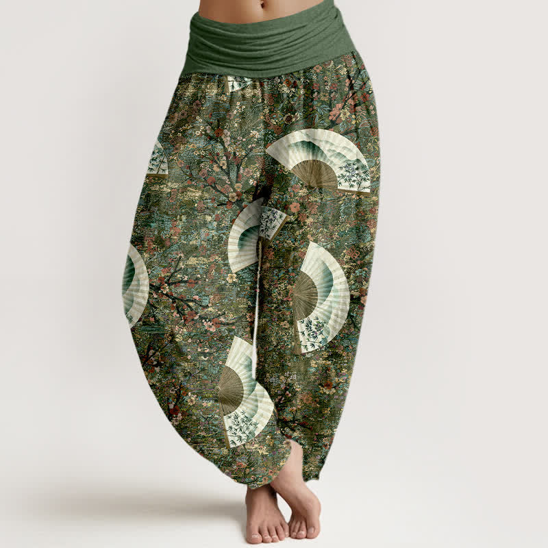 Buddha Stones Cotton Soft Drapey Ivory Fan Pattern Women's Elastic Waist Harem Pants - DarkOliveGreen - US16，UK/AU20，EU48 (3XL) - image 5