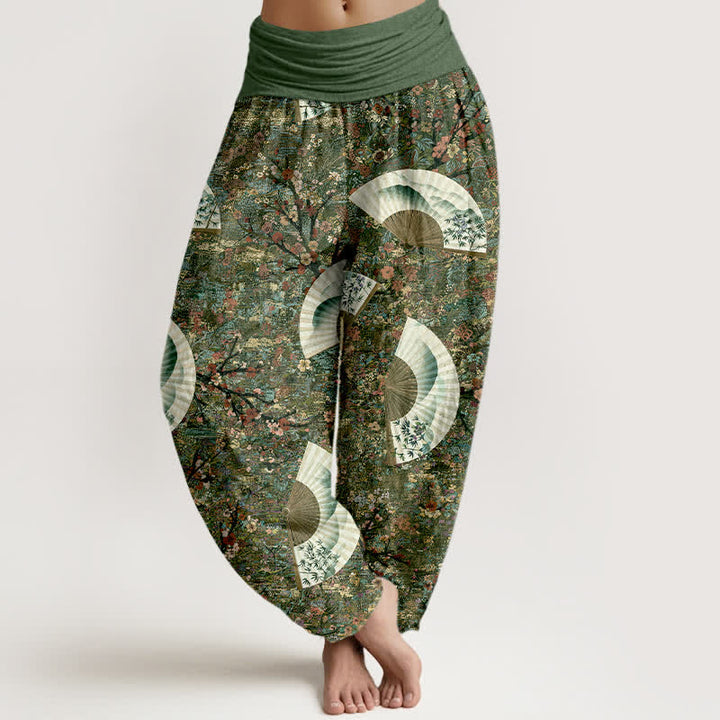 Buddha Stones Cotton Soft Drapey Ivory Fan Pattern Women's Elastic Waist Harem Pants - DarkOliveGreen - US16，UK/AU20，EU48 (3XL) - image 5