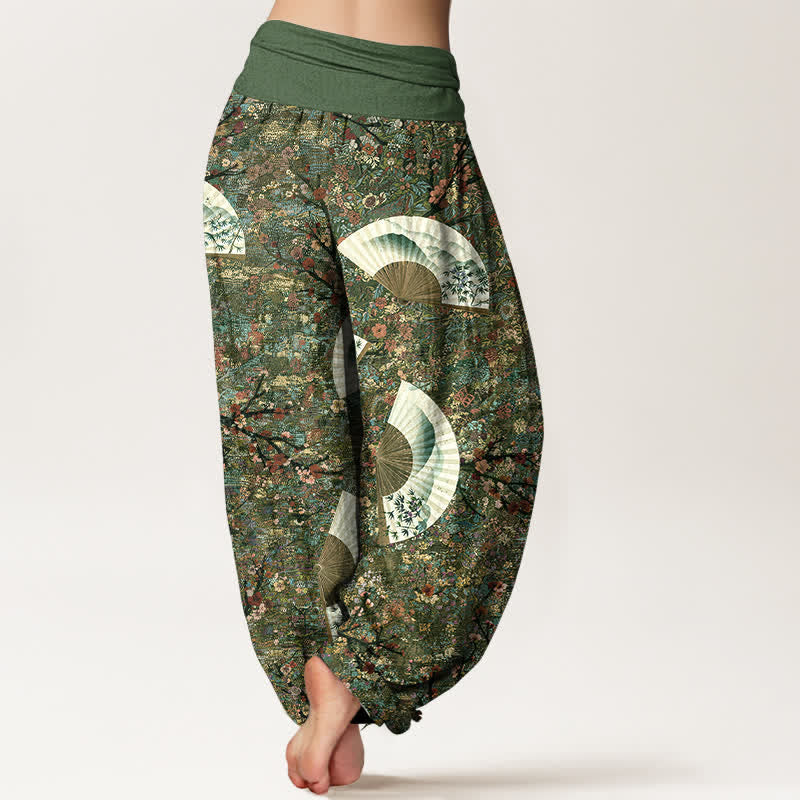 Buddha Stones Cotton Soft Drapey Ivory Fan Pattern Women's Elastic Waist Harem Pants - image 6