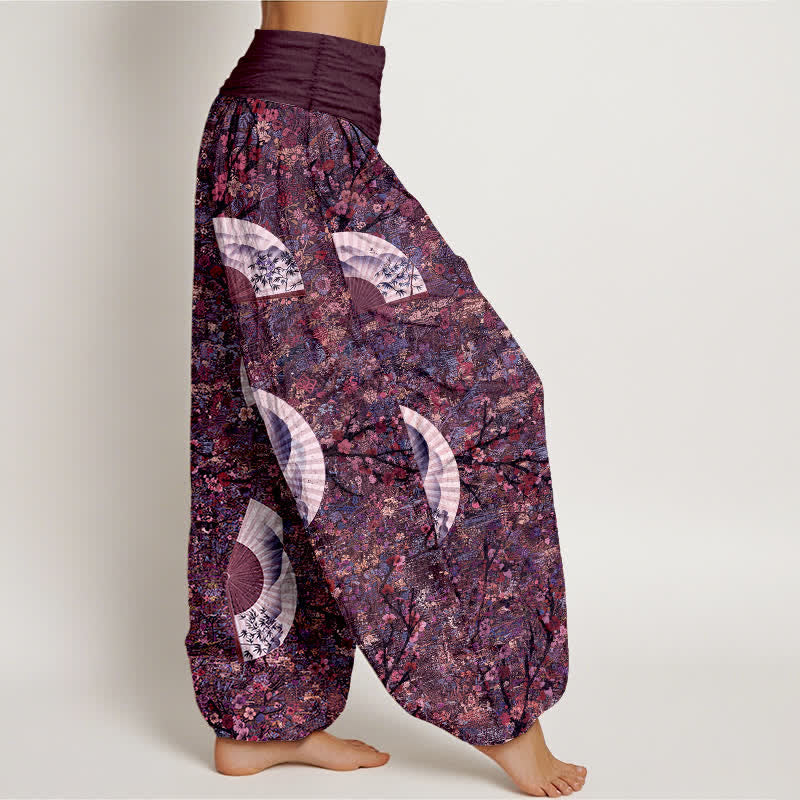 Buddha Stones Cotton Soft Drapey Ivory Fan Pattern Women's Elastic Waist Harem Pants - image 10