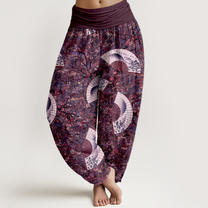 Buddha Stones Cotton Soft Drapey Ivory Fan Pattern Women's Elastic Waist Harem Pants - DarkMagenta - US16，UK/AU20，EU48 (3XL) - image 8