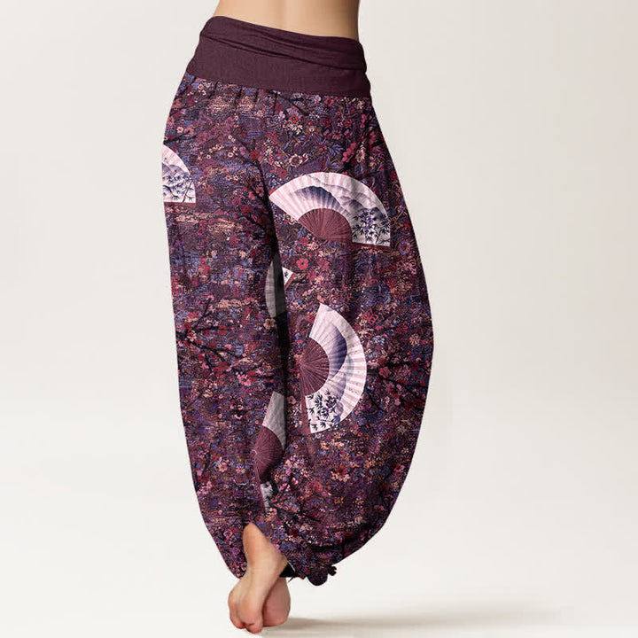 Buddha Stones Cotton Soft Drapey Ivory Fan Pattern Women's Elastic Waist Harem Pants - image 9