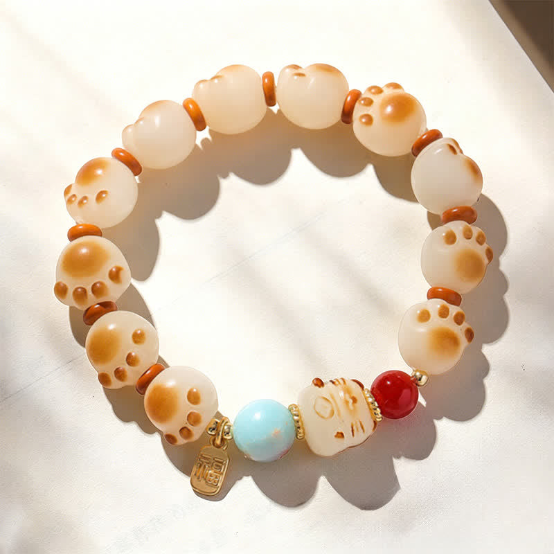 Buddha Stones Natural Bodhi Seed Fu Character Cat Paw Design Luck Bracelet - image 2