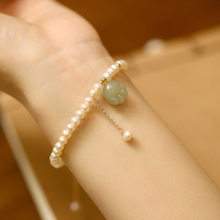 Buddha Stones Natural Hetian Jade Cat Paw Design Pearl Luck Bracelet - image 2
