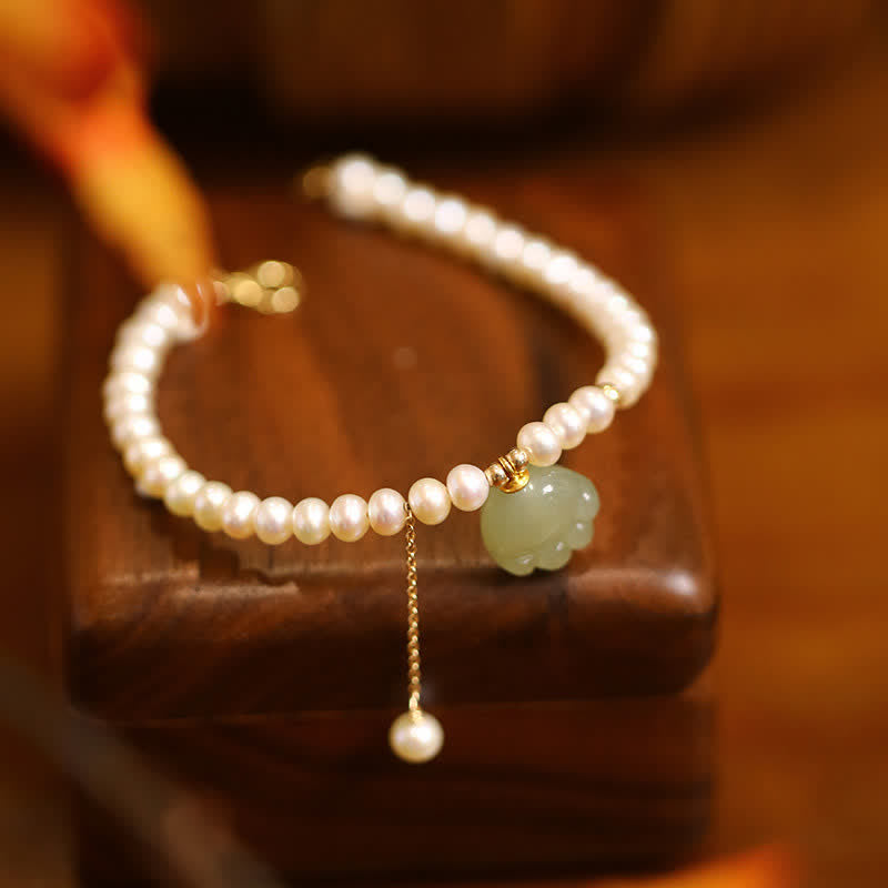 Buddha Stones Natural Hetian Jade Cat Paw Design Pearl Luck Bracelet - image 1