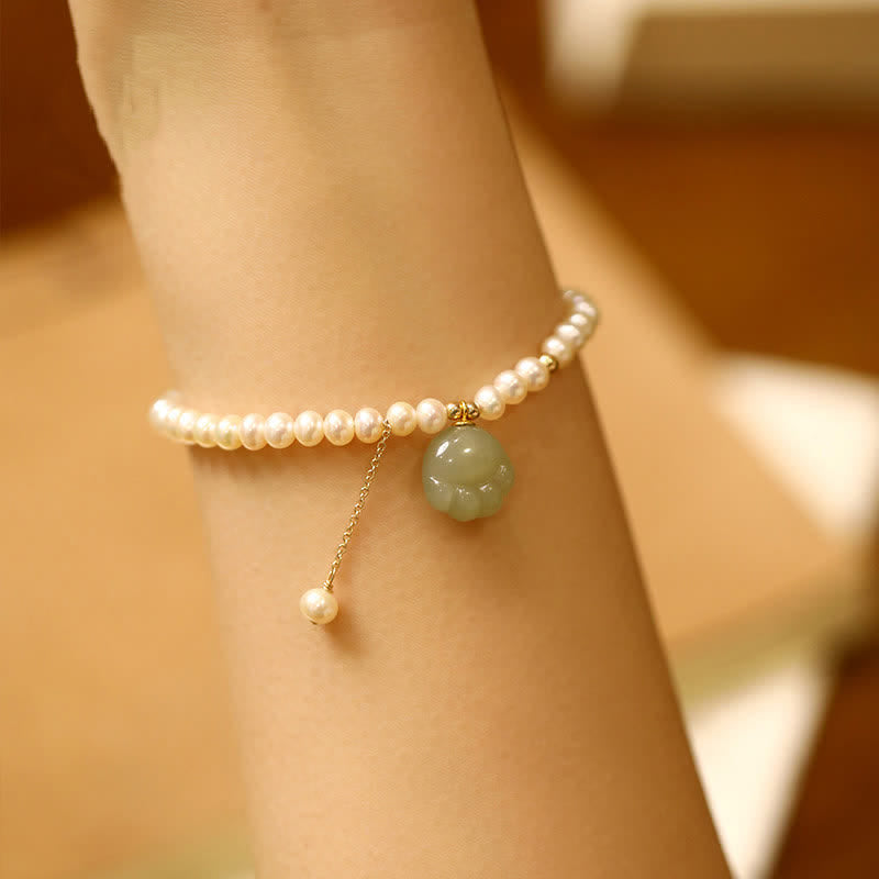 Buddha Stones Natural Hetian Jade Cat Paw Design Pearl Luck Bracelet - Cat Paw(Wrist Circumference:15–20 cm) - image 0