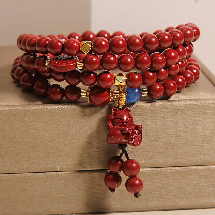 Buddha Stones Tibetan 108 Beads Cinnabar Lucky Cat Fu Character Fortune Mala - image 7