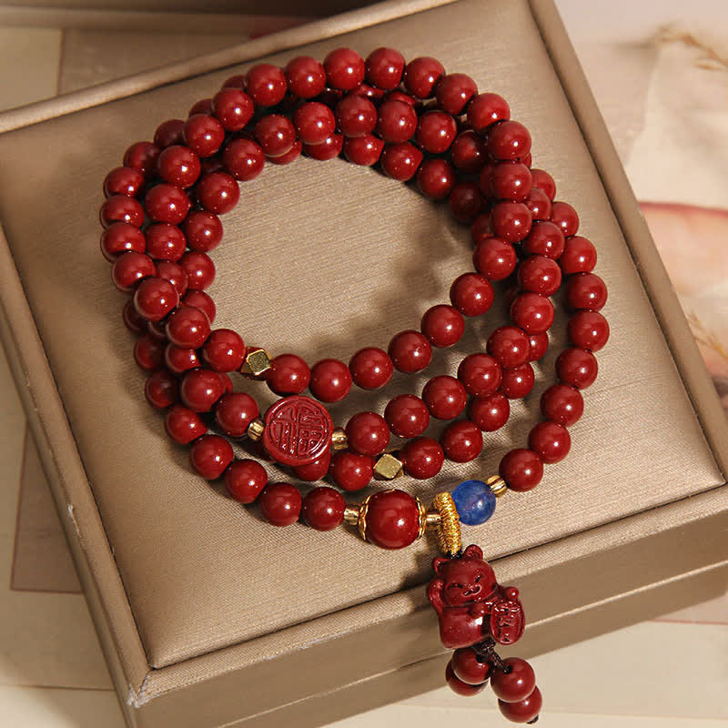 Buddha Stones Tibetan 108 Beads Cinnabar Lucky Cat Fu Character Fortune Mala - image 8