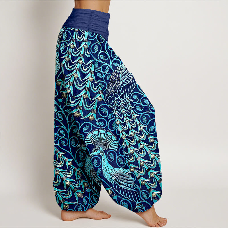 Buddha Stones Pure Cotton Peacock Feather Vine Pattern Women's Elastic Waist Harem Pants - image 2