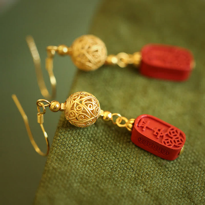 Buddha Stones Cinnabar Copper Filigree Blessing Drop Earrings - image 4