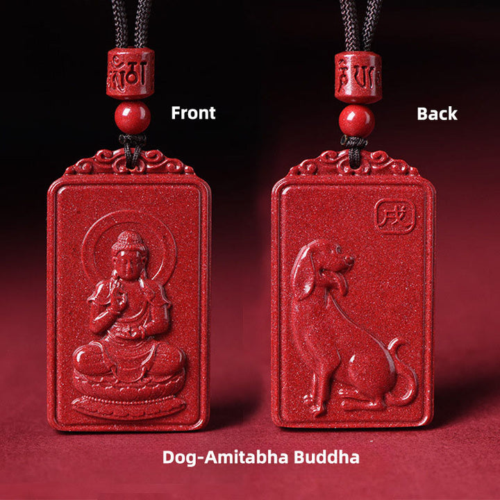 Buddha Stones The Chinese Zodiac Natal Buddha Cinnabar Blessing Necklace Pendant - Dog-Amitabha Buddha - 19*34mm - image 22