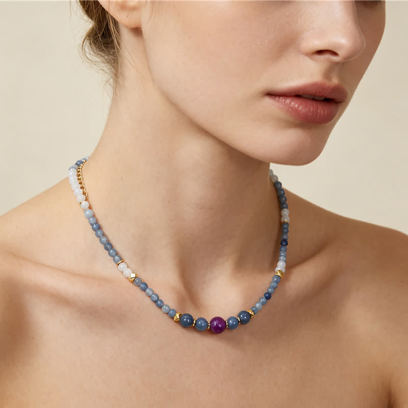 Buddha Stones Natural Blue Aventurine White Jade Bead Calm Necklace - image 8