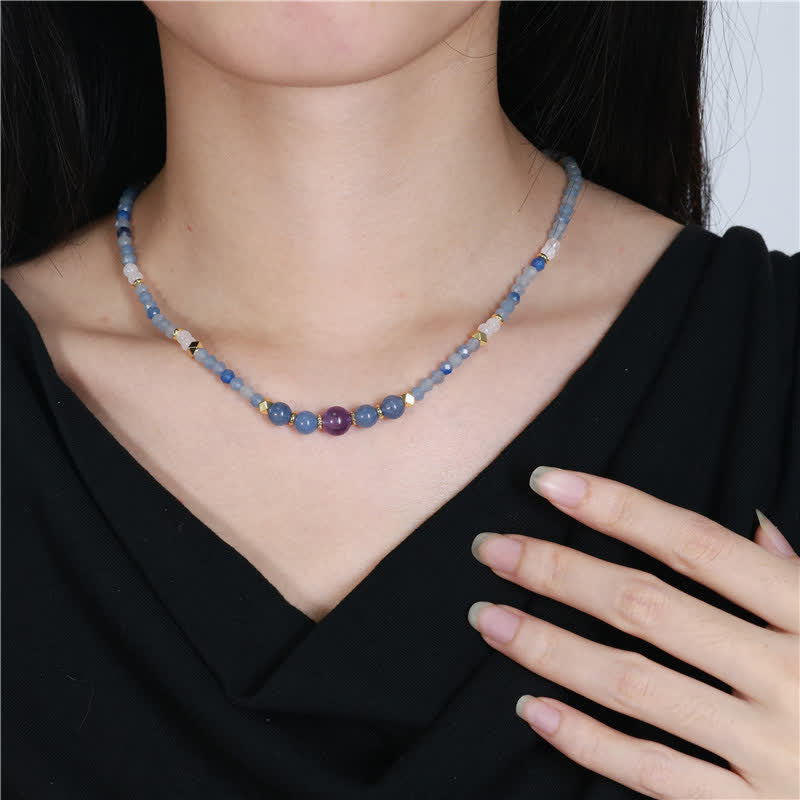 Buddha Stones Natural Blue Aventurine White Jade Bead Calm Necklace - image 4