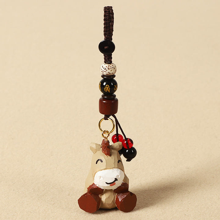 Buddha Stones Chinese Zodiac Linden Wood Engraved Plum Blossom Peace Safe Om Mani Padme Hum Positive Key Chain - Horse 4cm(Color Shape and Size May vary) - Om Mani Padme Hum - image 0