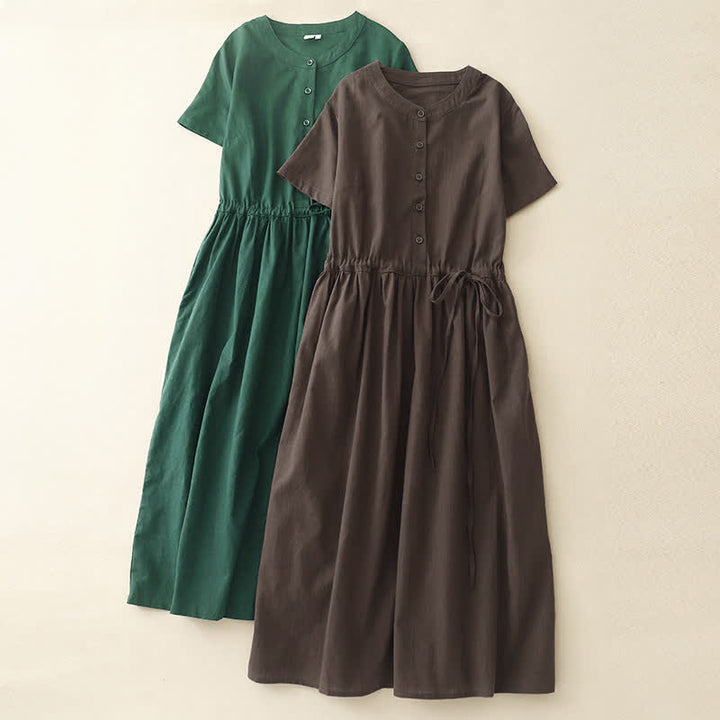 Buddha Stones Summer Minimalist Button-Up Drawstring Solid Women's Short Sleeve Dress With Pockets - image 14