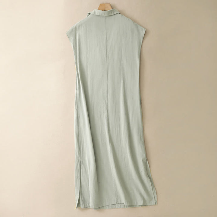 Buddha Stones Summer Minimalist Side Slit Solid Women's Summer Sleeveless Dress With Pocket - image 1