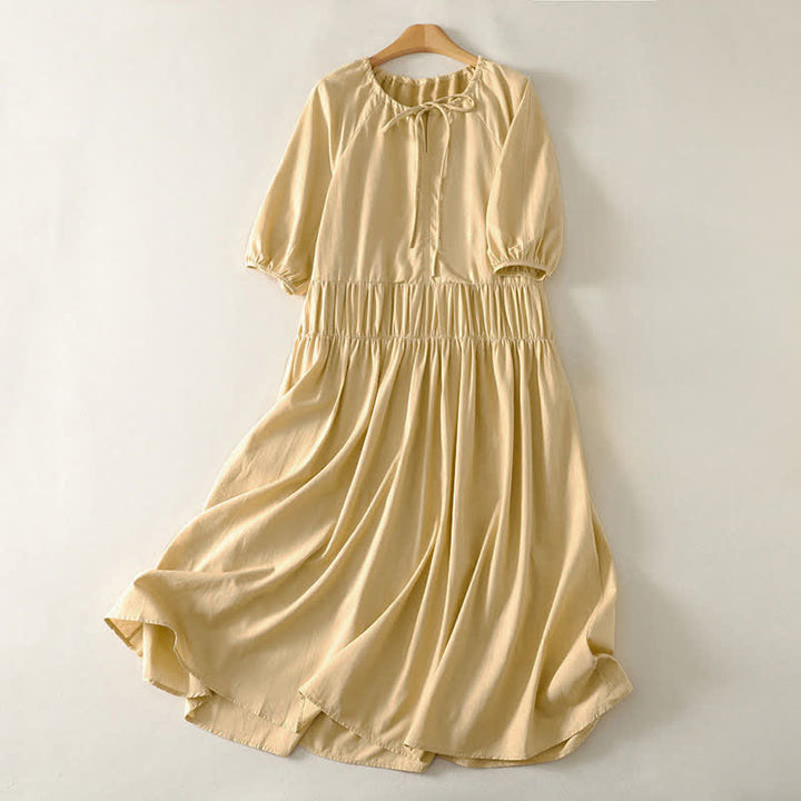 Buddha Stones Summer Drawstring Solid Women's Short Sleeve Dress With Pockets - PaleGoldenrod - US12，UK/AU16，EU44 (2XL) - image 0