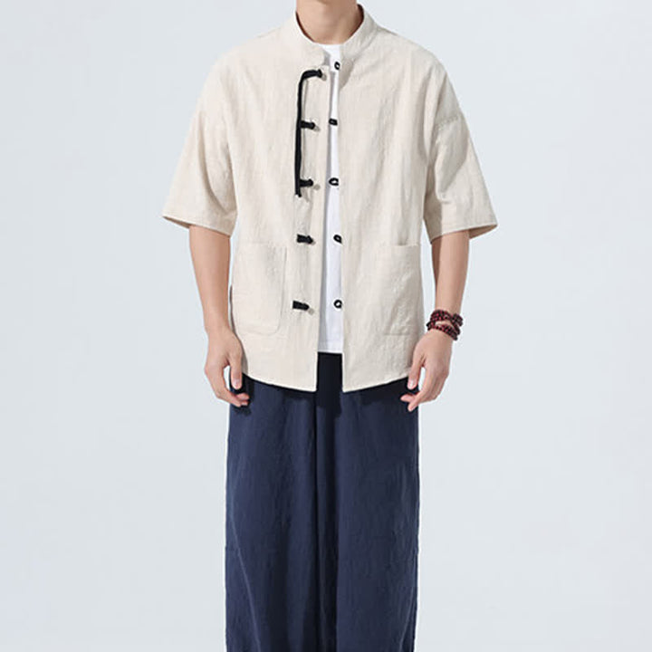 Buddha Stones Summer Casual Mandarin Collar Frog Button Solid Men's Short Sleeve Shirt With Pockets - image 6