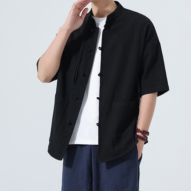 Buddha Stones Summer Casual Mandarin Collar Frog Button Solid Men's Short Sleeve Shirt With Pockets - image 15
