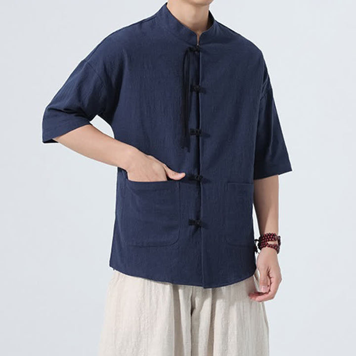 Buddha Stones Summer Casual Mandarin Collar Frog Button Solid Men's Short Sleeve Shirt With Pockets - image 20