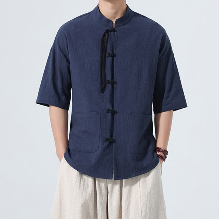 Buddha Stones Summer Casual Mandarin Collar Frog Button Solid Men's Short Sleeve Shirt With Pockets - MidnightBlue - US/UK/AU48，EU58(5XL) - image 16