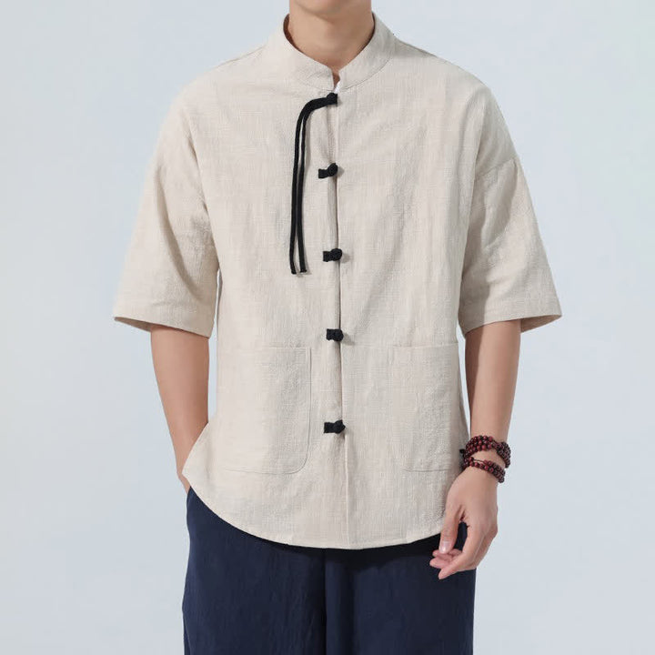 Buddha Stones Summer Casual Mandarin Collar Frog Button Solid Men's Short Sleeve Shirt With Pockets - Linen - US/UK/AU48，EU58(5XL) - image 0
