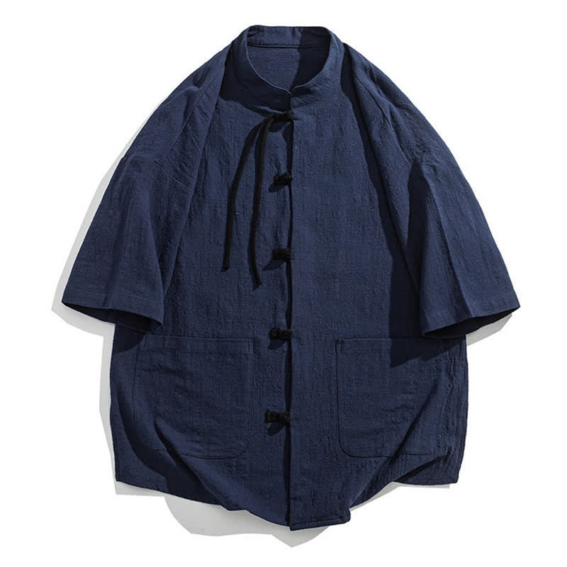 Buddha Stones Summer Casual Mandarin Collar Frog Button Solid Men's Short Sleeve Shirt With Pockets - image 24