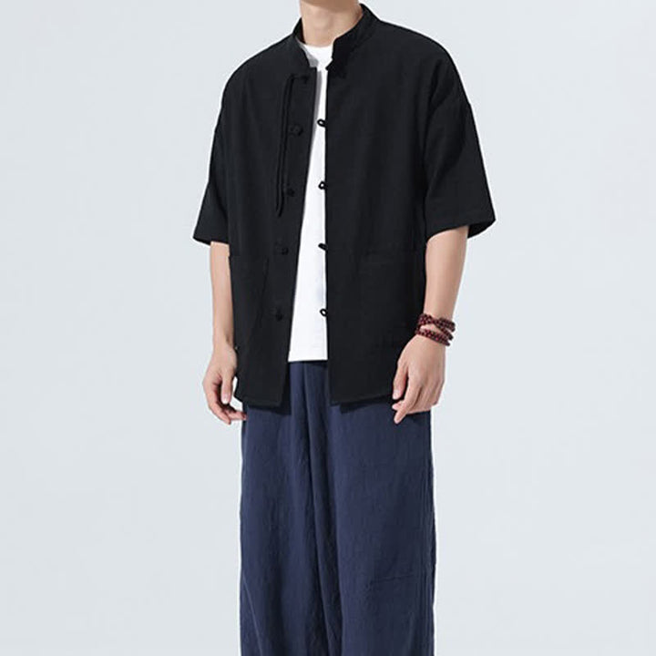 Buddha Stones Summer Casual Mandarin Collar Frog Button Solid Men's Short Sleeve Shirt With Pockets - image 14