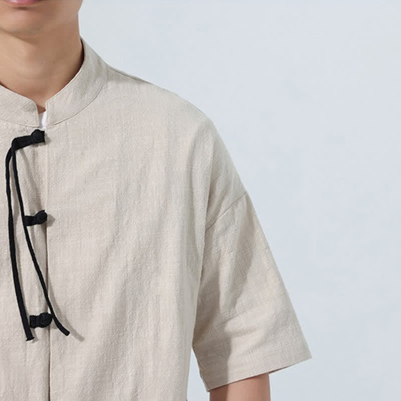 Buddha Stones Summer Casual Mandarin Collar Frog Button Solid Men's Short Sleeve Shirt With Pockets - image 9