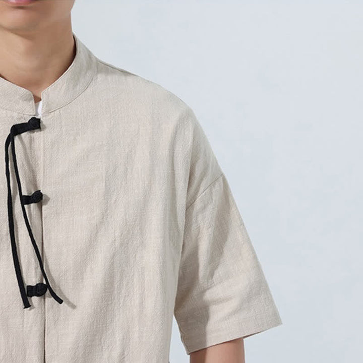 Buddha Stones Summer Casual Mandarin Collar Frog Button Solid Men's Short Sleeve Shirt With Pockets - image 9