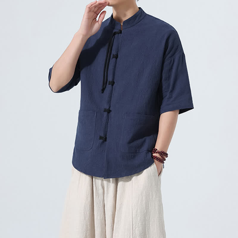 Buddha Stones Summer Casual Mandarin Collar Frog Button Solid Men's Short Sleeve Shirt With Pockets - image 21