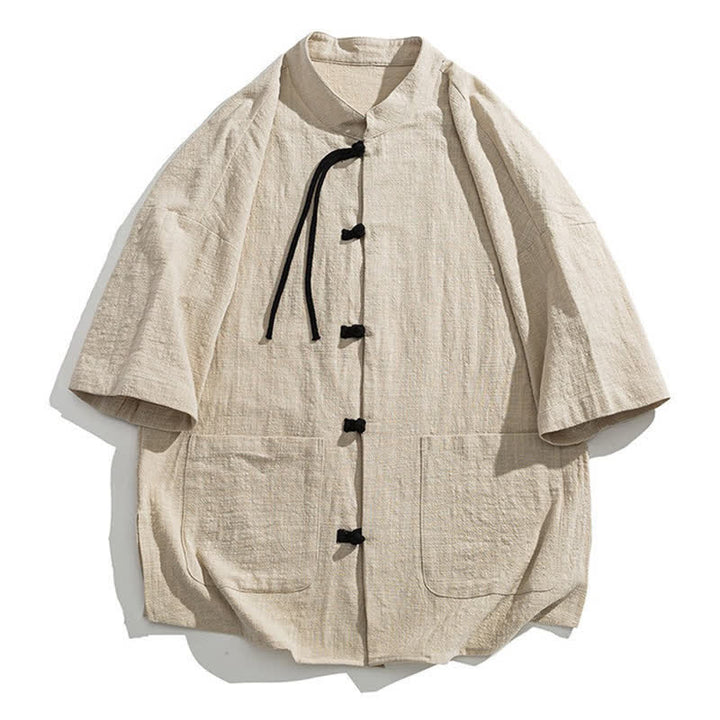Buddha Stones Summer Casual Mandarin Collar Frog Button Solid Men's Short Sleeve Shirt With Pockets - image 10