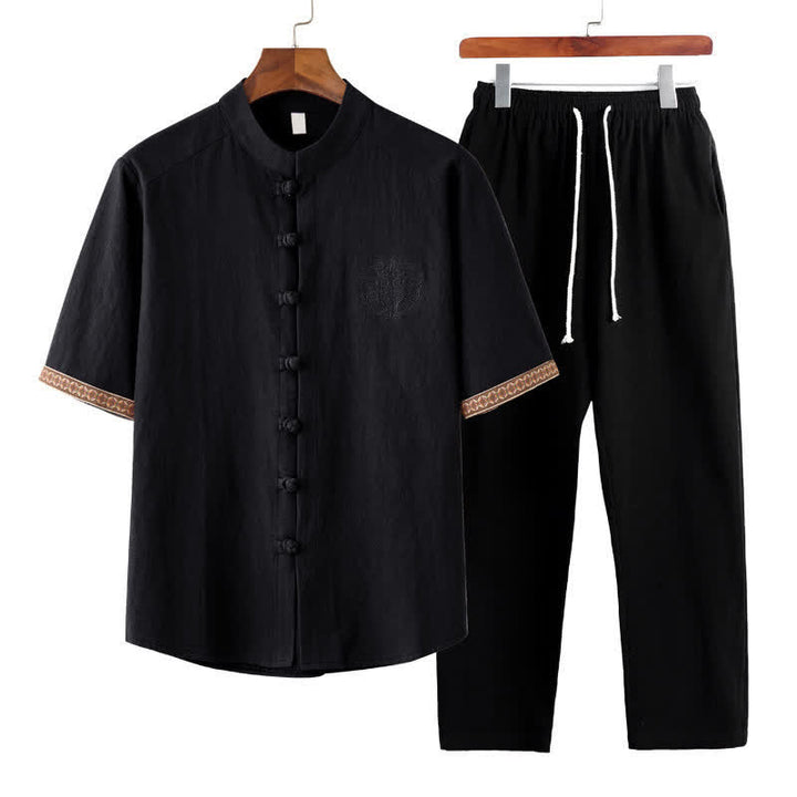 Buddha Stones Summer 2Pcs Mandarin Collar Frog Button Solid Short Sleeve Shirt Harem Pants Men's Meditation Cloth With Pockets - Black - US/UK/AU46，EU56 (5XL) - image 11