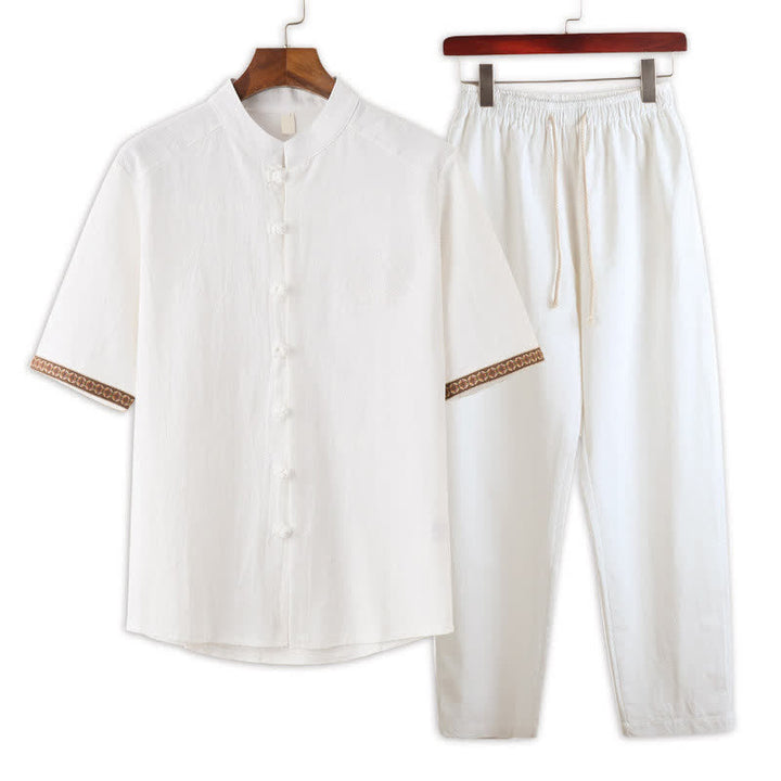 Buddha Stones Summer 2Pcs Mandarin Collar Frog Button Solid Short Sleeve Shirt Harem Pants Men's Meditation Cloth With Pockets - White - US/UK/AU46，EU56 (5XL) - image 10