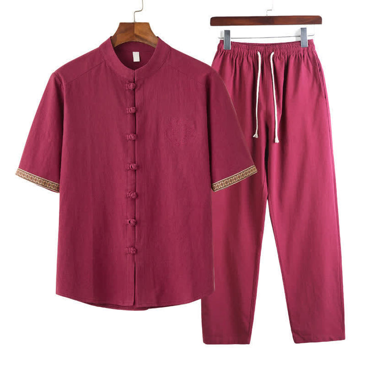 Buddha Stones Summer 2Pcs Mandarin Collar Frog Button Solid Short Sleeve Shirt Harem Pants Men's Meditation Cloth With Pockets - Crimson - US/UK/AU46，EU56 (5XL) - image 1