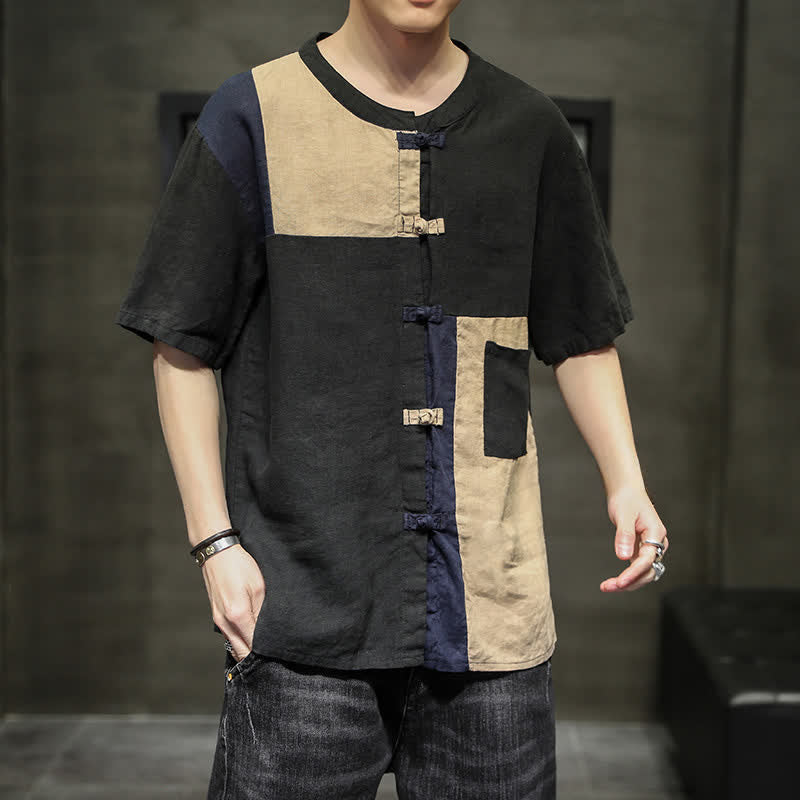 Buddha Stones Summer Vintage Frog Button Patchwork Design Men's Short Sleeve Shirt - Black - US/UK/AU46，EU56 (5XL) - image 9