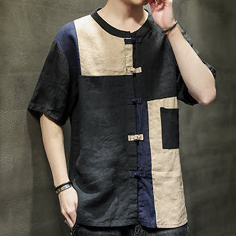 Buddha Stones Summer Vintage Frog Button Patchwork Design Men's Short Sleeve Shirt - image 11