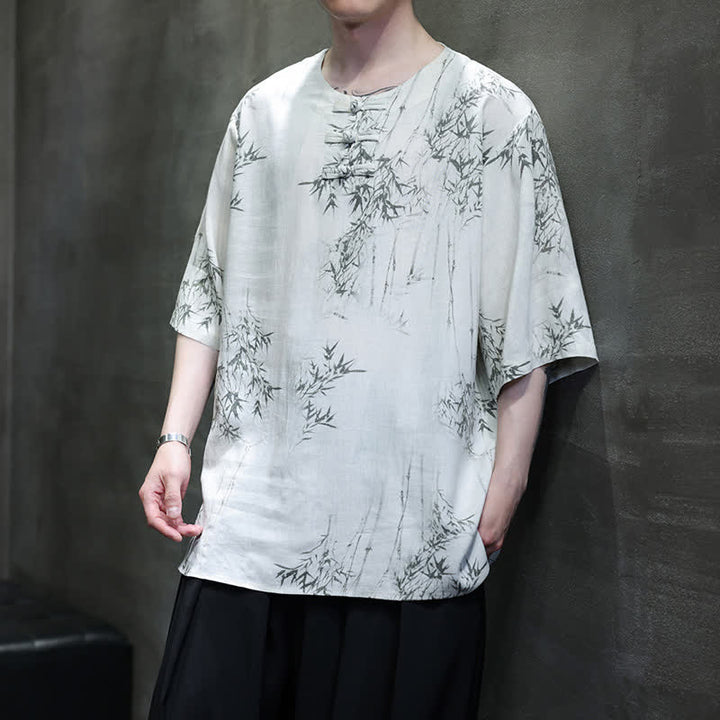 Buddha Stones Summer Tang Style Frog Button Bamboo Print Cotton Linen Men's Short Sleeve Shirt - image 5