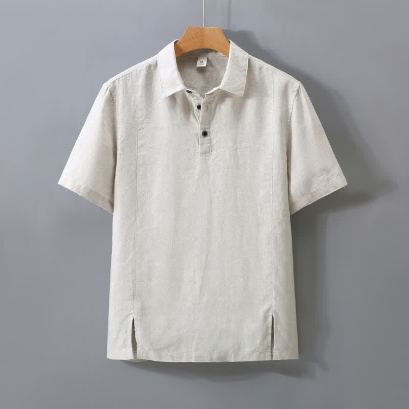 Buddha Stones Summer Minimalist Button-Up Side Slit Solid Linen Men's Short Sleeve Shirt - Linen - US/UK/AU42，EU52 (3XL) - image 0
