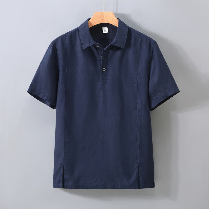 Buddha Stones Summer Minimalist Button-Up Side Slit Solid Linen Men's Short Sleeve Shirt - Navy - US/UK/AU42，EU52 (3XL) - image 7