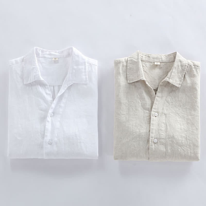 Buddha Stones Spring Minimalist Button-Up Solid Linen Men's Three-Quarter Sleeve Shirt - image 10