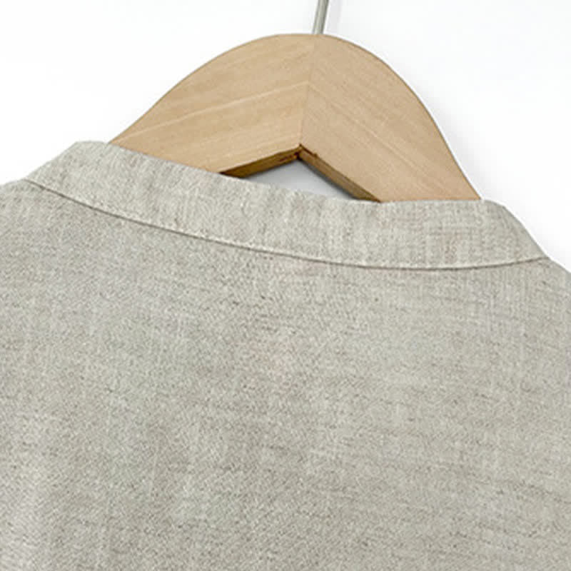 Buddha Stones Summer Minimalist Mandarin Collar Frog Button Solid Men's Short Sleeve Shirt - image 4